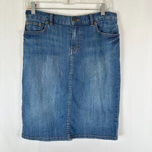 LRL Lauren Jeans Co Denim Pencil Skirt Women's Size 4P Blue Slit Knee Length 90s